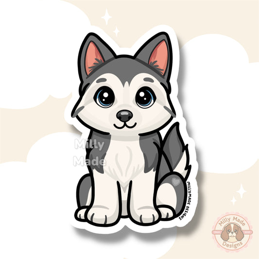 Gray Siberian Husky Dog Sticker | Cute Cartoon Vinyl Decal | Durable | For Laptops, Journals | Dog Lover Gift