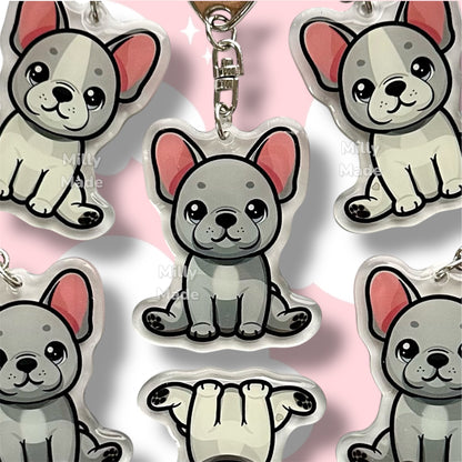 Blue French Bulldog Frenchie Acrylic Dog Keychain with Epoxy Resin | Easy-Clip, Cute Dog Cartoon, Hand-Drawn Design, Dog Lover Gift