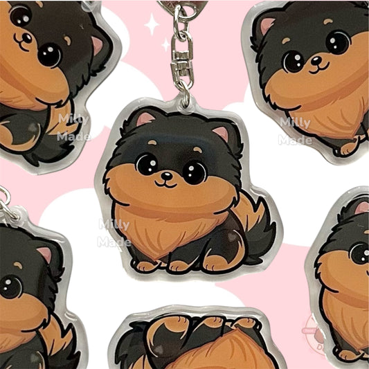 Black and Tan Pomeranian Acrylic Dog Keychain with Epoxy Resin | Easy-Clip, Cute Dog Cartoon, Hand-Drawn Design, Dog Lover Gift