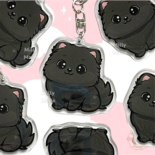 Black Pomeranian Acrylic Dog Keychain with Epoxy Resin | Easy-Clip, Cute Dog Cartoon, Hand-Drawn Design, Dog Lover Gift