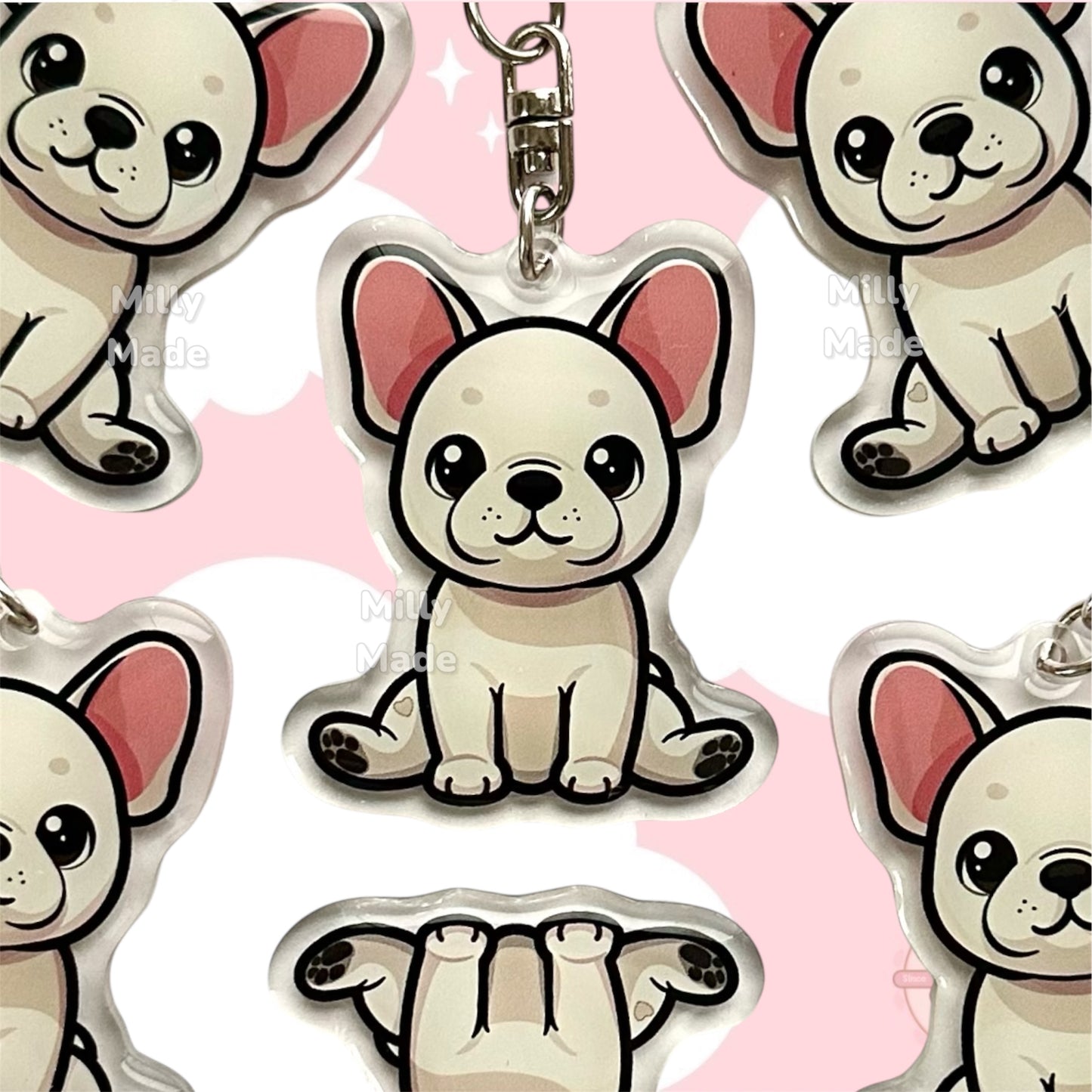Cream French Bulldog Frenchie Acrylic Dog Keychain with Epoxy Resin | Easy-Clip, Cute Dog Cartoon, Hand-Drawn Design, Dog Lover Gift