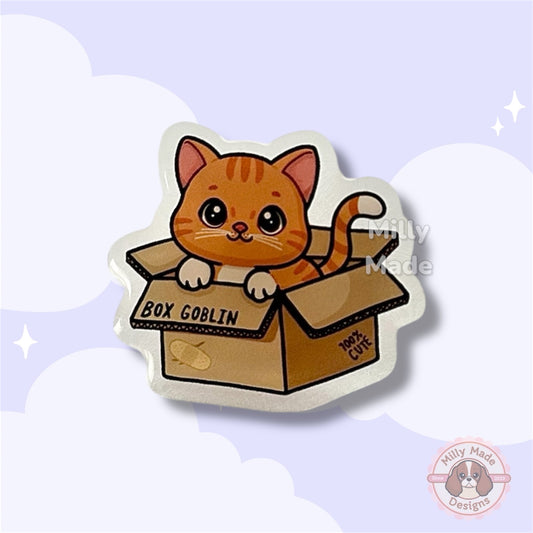 Orange Cat Box Goblin Acrylic Pin with Epoxy Resin | Cute Cat Cartoon | Hand-Drawn Design