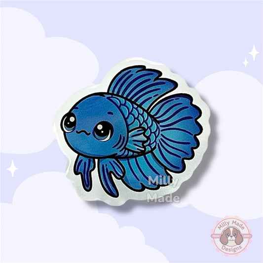 Blue Betta Fish Acrylic Pin with Epoxy Resin | Cute Fish Cartoon | Hand-Drawn Design