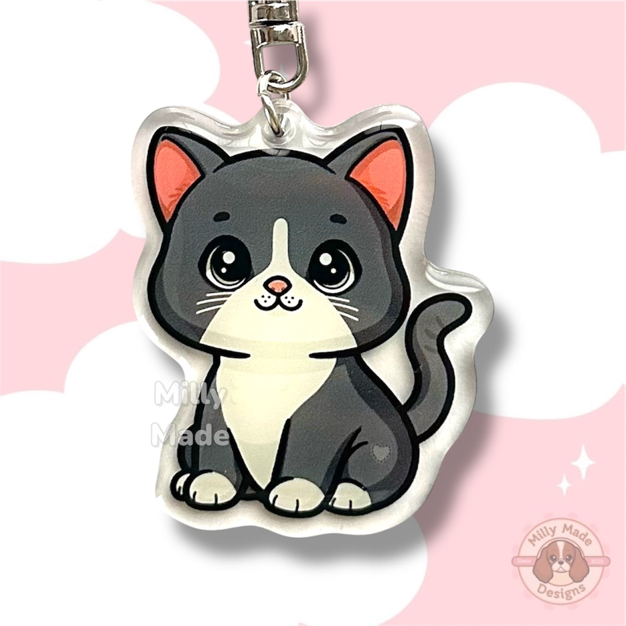 Gray Shorthaired Cat Acrylic Keychain with Epoxy Resin | Easy-Clip, Cute Cat Cartoon, Hand-Drawn Design, Cat Lover Gift