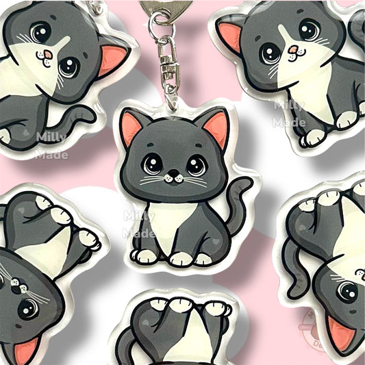 Gray Shorthaired Cat Acrylic Keychain with Epoxy Resin | Easy-Clip, Cute Cat Cartoon, Hand-Drawn Design, Cat Lover Gift