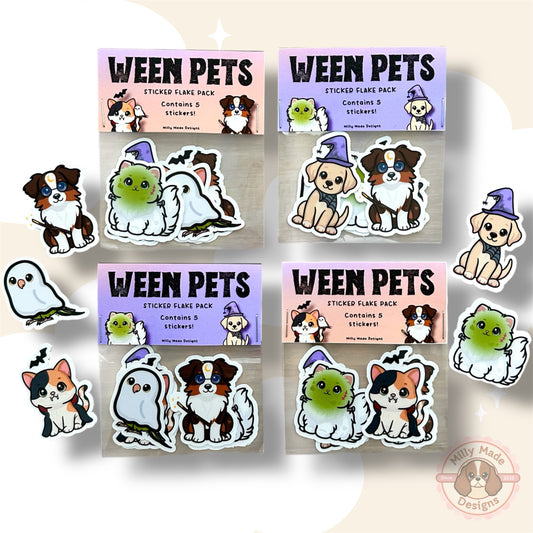 Ween Pets - Sticker Flake Pack | Water Resistant | 5 Halloween Mini Pet Die-Cut Stickers