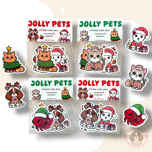 Jolly Pets - Sticker Flake Pack | Water Resistant | 5 Christmas Holiday Mini Pet Die-Cut Stickers