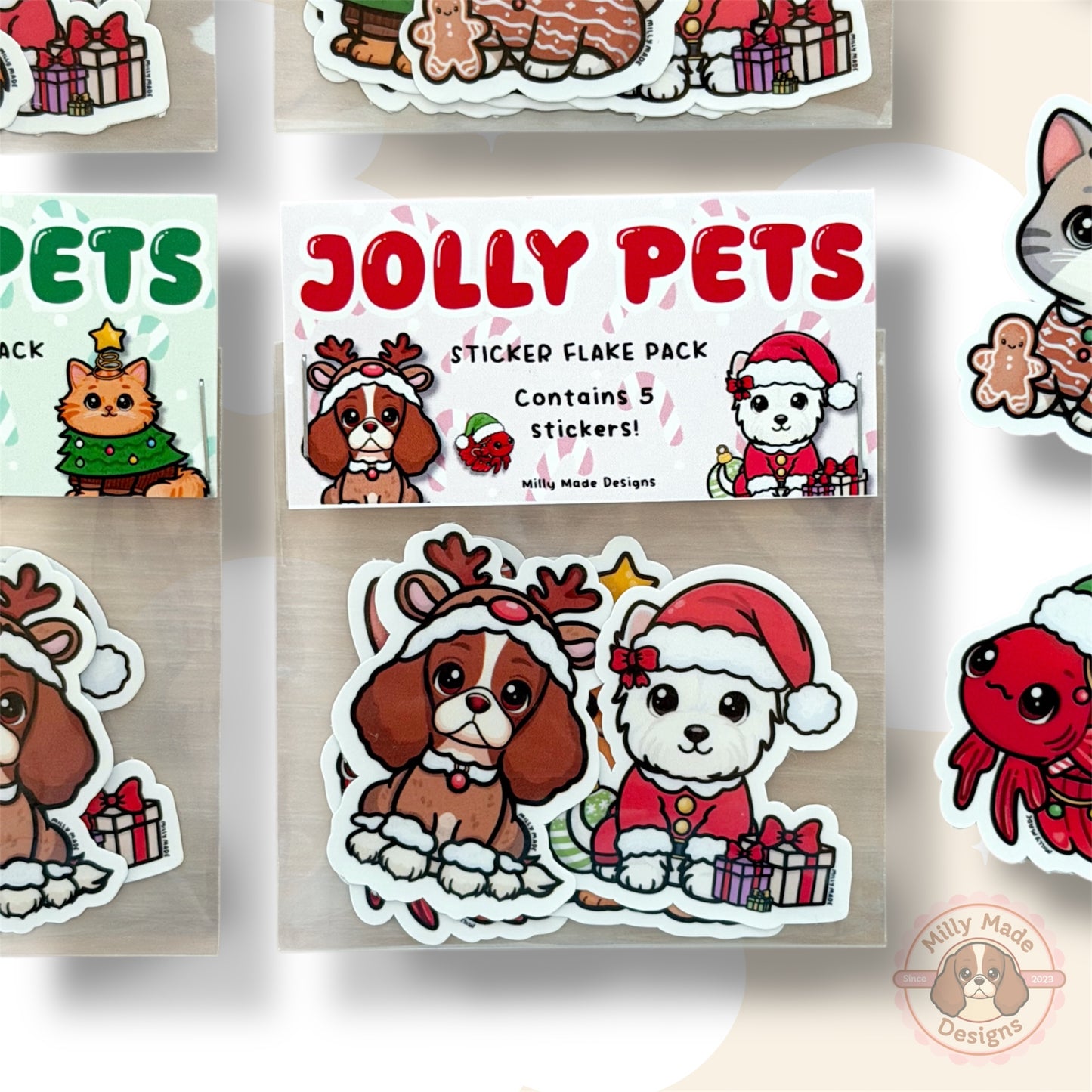 Jolly Pets - Sticker Flake Pack | Water Resistant | 5 Christmas Holiday Mini Pet Die-Cut Stickers