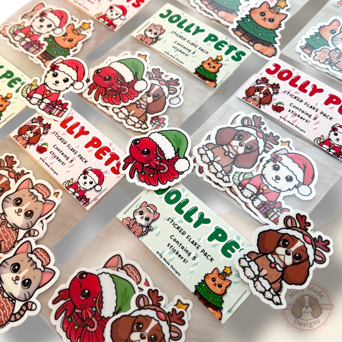 Jolly Pets - Sticker Flake Pack | Water Resistant | 5 Christmas Holiday Mini Pet Die-Cut Stickers